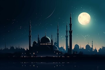 Beautiful night scene showcasing a delicate crescent moon with a carved mosque, representing Islamic faith. Generative AI