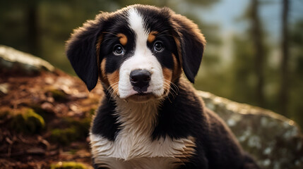 close up of a cute bernese mountain dog puppy - obrazy, fototapety, plakaty