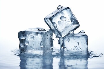 Three splashing ice cubes isolated on white. Generative AI