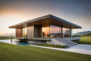 Modern ranch style minimalist cubic house with terrace and landscaping design front yard. Residential architecture exterior - obrazy, fototapety, plakaty