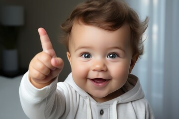 happy baby raising his index finger - obrazy, fototapety, plakaty