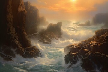 A rugged shore with waves pounding on the cliffs, misty skies, sunlight gleaming on the sea and boulders. Generative AI