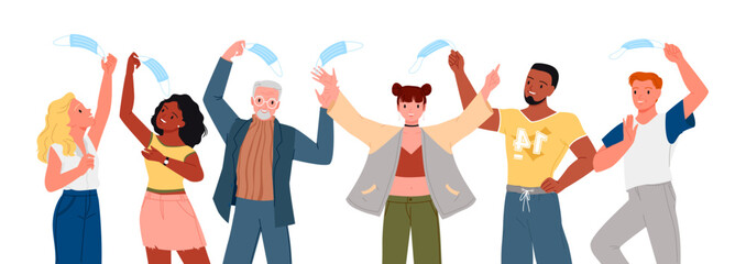 Cartoon free person holding mask in hand, group of man and woman throwing and smiling, adult characters celebrate freedom and end of quarantine. Happy people remove masks set © Natalia