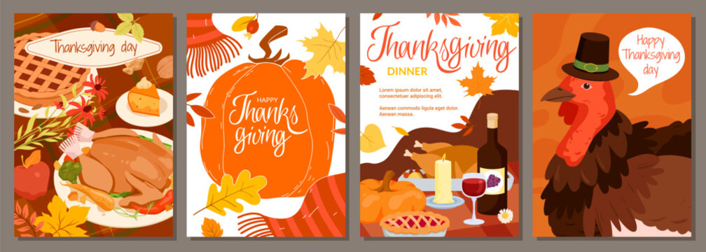 Happy Thanksgiving Day banner, poster or greeting card design set vector illustration. Cartoon autumn harvest and fall leaves pattern, rustic food for happy Thanksgiving dinner, turkey in hat
