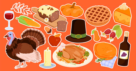 Thanksgiving stickers set vector illustration. Cartoon patches collection of autumn decoration, fall harvest and food and wine elements for traditional Thanksgiving dinner on orange background