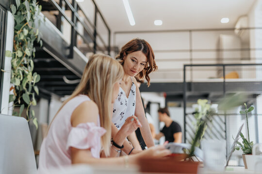 Young, gorgeous, female employee receiving lecture at work from her senior team leader. Education at work.