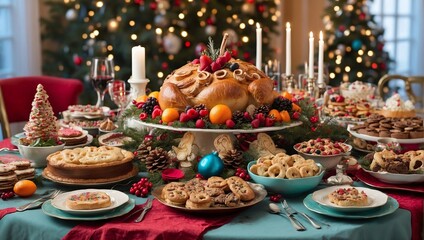 Naklejka premium Christmas meal, served on the table with decorations Christmas