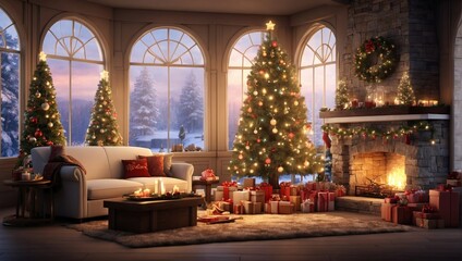 Fototapeta premium interior christmas. magic glowing tree, fireplace, gifts