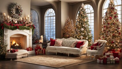 Fototapeta na wymiar interior christmas. magic glowing tree, fireplace, gifts