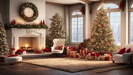 Fototapeta na wymiar interior christmas. magic glowing tree, fireplace, gifts