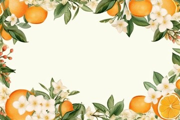 Fruit frame with oranges, leaves, and flowers. Botanical template for wedding invitations, greeting cards, vouchers, covers, posters, and flyers. Generative AI