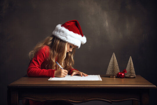 In the festive setting, a girl in a Santa hat writes her heartfelt letter to Santa Claus on Santa List Day