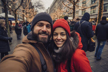 Fototapeta premium A jubilant young couple captures the festive ambiance with a selfie on a bustling, holiday-themed street