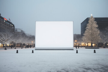 An empty white billboard mockup for outdoor advertising in the city during the New Year and Christmas celebrations