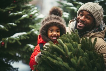 Choosing Christmas tree. Excited black man and his daughter buying Christmas tree at Christmas market. Close up. Snowy winter weather. - obrazy, fototapety, plakaty