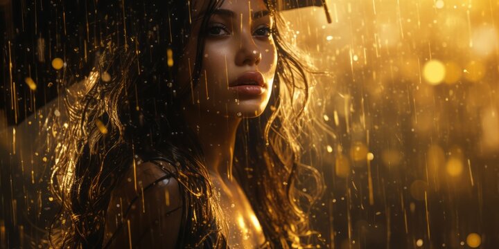 Poignant image of orange-tinted rain falling on a lone woman's face, capturing a unique mood.