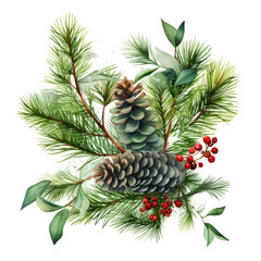 Obraz premium Stunning watercolor painting of evergreen tree twig pinecones and red berries on white background. Winter holiday celebration