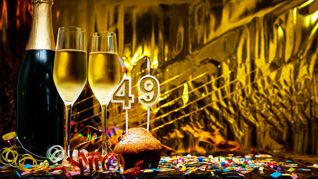 Copy space solemn background. Happy birthday golden background with number  49. Greeting card or postcard with a bottle of champagne with poured champagne in glasses.