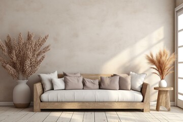Farmhouse living room mock up featuring wooden sofa and dried flower vase. Generative AI - obrazy, fototapety, plakaty