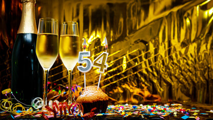 Copy space solemn background. Happy birthday golden background with number  54. Greeting card or...