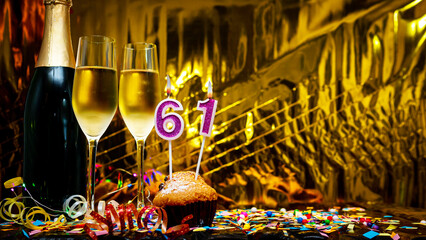 Copy space solemn background. Happy birthday golden background with number  61. Greeting card or postcard with a bottle of champagne with poured champagne in glasses.