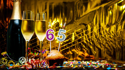 Copy space solemn background. Happy birthday golden background with number  65. Greeting card or postcard with a bottle of champagne with poured champagne in glasses.