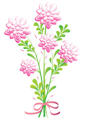 Vector bouquet of pink flowers. Illustration of congratulatory flowers with bunch, object white isolated.