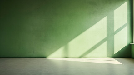 Interior of a green pastel painted empty room, with soft warm light coming in from a window, abstract background with room for copy. 