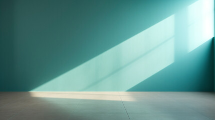 Interior of a teal pastel painted empty room, with soft warm light coming in from a window, abstract background with room for copy. 