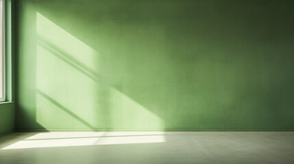 Interior mockup of a green pastel painted empty room, with soft warm light coming in from a window, abstract background with room for copy. 