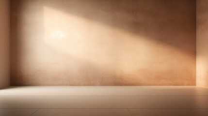 Interior mockup of a tan pastel painted empty room, with soft warm light coming in from a window, abstract background with room for copy. 