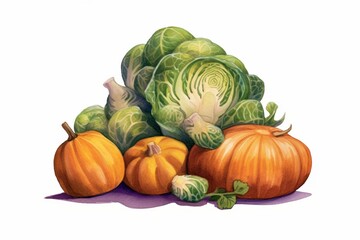 Illustration of pumpkin, potatoes, and brussels sprouts. Generative AI