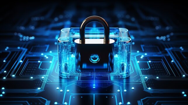 Information, cybersecurity, technology, web, data protection concept. Digital padlock as an abstract tech background. AI generated illustration. 