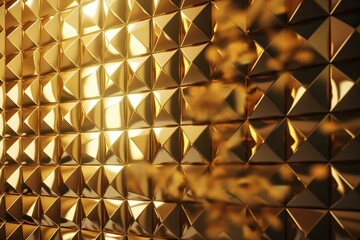 Golden glossy wall with diamond-shaped blocks arranged as 3D tiles. Generative AI