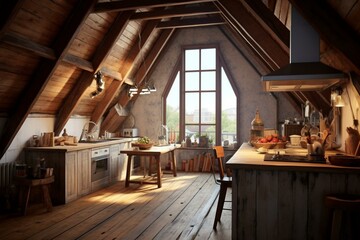 Cozy kitchen in rustic attic with wooden beams. Generative AI