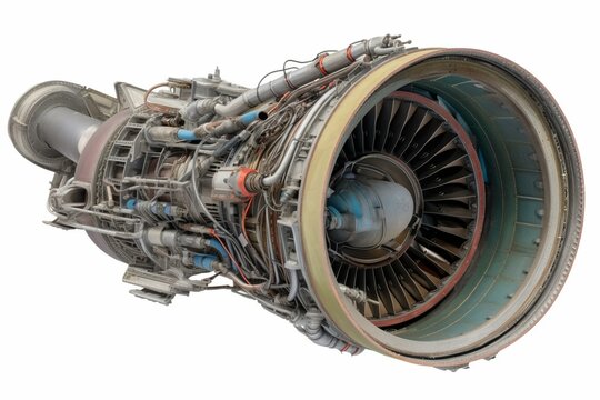 A 3D clay model of a turbofan jet engine shown in cutaway view. Rendered in 3D, isolated on a white background. Generative AI