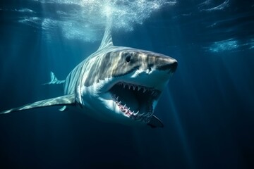 Closeup of a shark in the deep blue ocean, with a fierce mouth, sharp teeth, danger, untamed, white shark. Generative AI