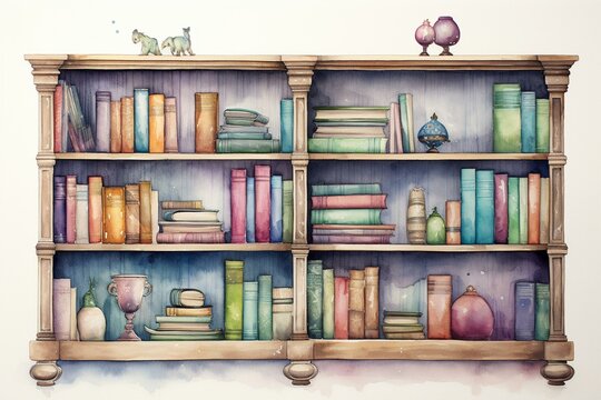 Watercolor Painted Bookshelf Against White Background. Generative AI