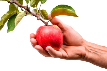 Close up shot of hand picking apple from branch over white transparent background