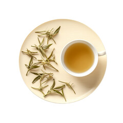 Fototapeta na wymiar cup of white tea with leaves top view isolated on white background, ai generated