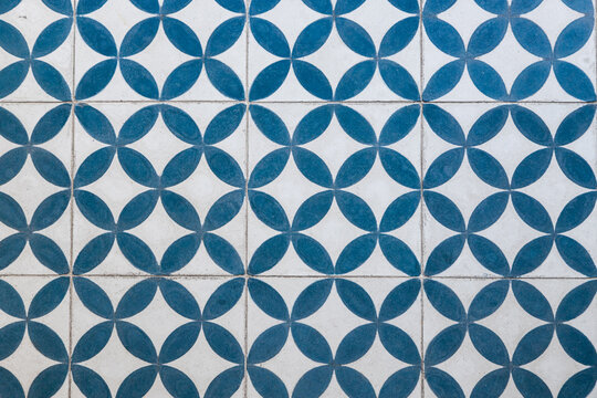 Portuguese ceramic tile pattern, traditional blue tile floor