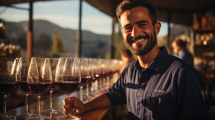 Happy successful male winemaker is tasting a flavor and checking red wine quality from a glass on...