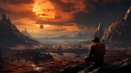 Back view of astronaut wearing space suit walking on a surface of a red planet