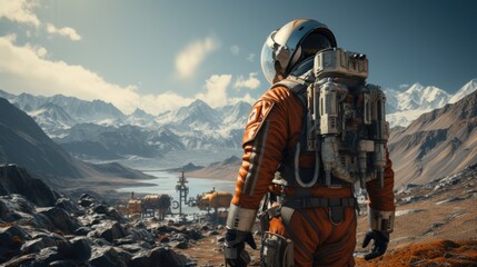 Back view of astronaut wearing space suit walking on a surface of a red planet