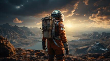 Back view of astronaut wearing space suit walking on a surface of a red planet