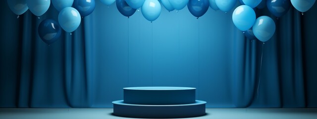 Blue 3D podium balloon background gift present stage product box platform birthday. Podium mockup 3D sale festive party template blue concept open scene white stand shop graphic display illustration. - obrazy, fototapety, plakaty