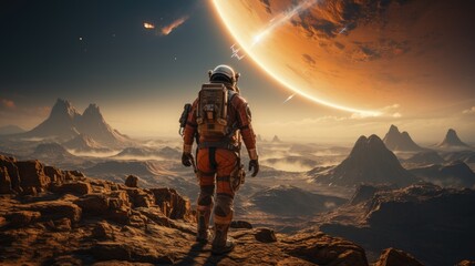 Back view of astronaut wearing space suit walking on a surface of a red planet