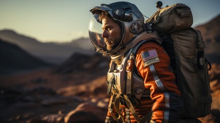 Back view of astronaut wearing space suit walking on a surface of a red planet
