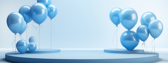 Blue 3D podium balloon background gift present stage product box platform birthday. Podium mockup 3D sale festive party template blue concept open scene white stand shop graphic display illustration.