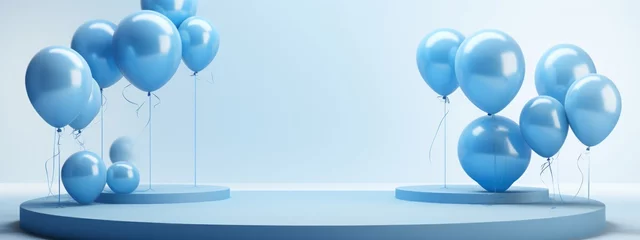  Blue 3D podium balloon background gift present stage product box platform birthday. Podium mockup 3D sale festive party template blue concept open scene white stand shop graphic display illustration. © Максим Зайков